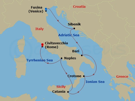 7 Night - Italian Sojourn - Viking Sky - Starting in Venice (Chioggia), Sibenik, Bari, Crotone, Sicily (Catania), Naples, Rome (Civitavecchia) itinerary map