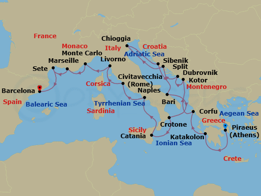 21 Night - Mediterranean & Adriatic Sojourn - Viking Sky - Starting in Athens (Piraeus), Katakolon (Olympia), Corfu (Kerkyra), Kotor, Dubrovnik, Croatia, Split, Venice (Chioggia), Sibenik, Bari, Crotone, Sicily (Catania), Naples, Rome (Civitavecchia), Florence / Pisa (Livorno), Monte Carlo, Marseille, Sete, Barcelona itinerary map