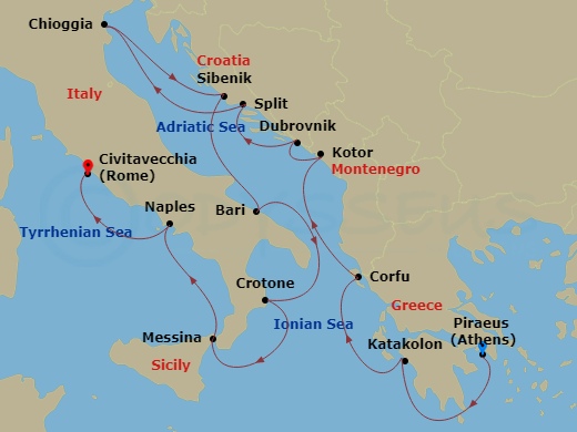 14 Night - Italy, the Adriatic & Greece - Viking Sky - Starting in Athens (Piraeus), Katakolon (Olympia), Corfu (Kerkyra), Kotor, Dubrovnik, Croatia, Split, Venice (Chioggia), Sibenik, Bari, Crotone, Sicily (Catania), Naples, Rome (Civitavecchia) itinerary map