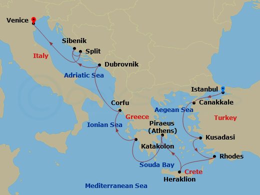 14 Night - Ancient Adriatic Treasures - Viking Sky - Starting in Istanbul, Troy (Canakkale), Ephesus (Kusadasi), Rhodes, Crete (Heraklion), Athens (Piraeus), Katakolon (Olympia), Corfu (Kerkyra), Kotor, Dubrovnik, Croatia, Split, Venice (Chioggia) itinerary map