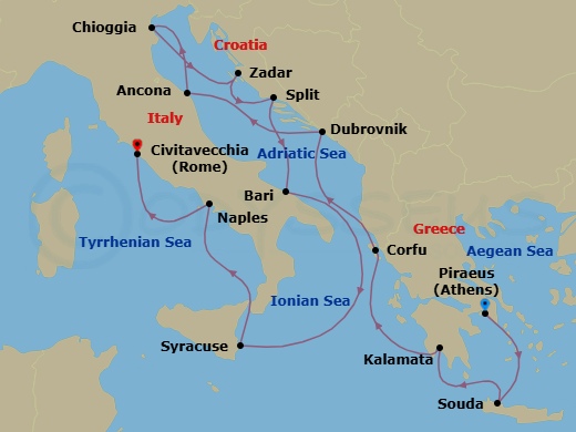 14 Night - Mediterranean & Adriatic Odyssey - Viking Sea - Starting in Athens (Piraeus), Crete (Souda Bay), Kalamata, Corfu (Kerkyra), Dubrovnik, Croatia, Ancona, Venice (Chioggia), Zadar, Split, Bari, Sail the Mediterranean Sea, Sicily (Syracuse IT), Naples, Rome (Civitavecchia) itinerary map