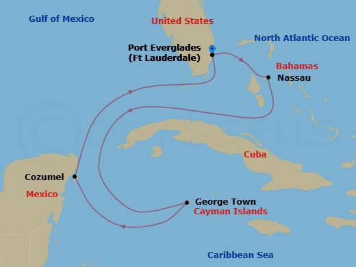 7 Night - Grand Cayman, Mexico & Bahamas - Celebrity Beyond - Starting in Fort Lauderdale, Florida, Nassau, Bahamas, George Town, Grand Cayman, Cozumel, Mexico, Fort Lauderdale, Florida itinerary map