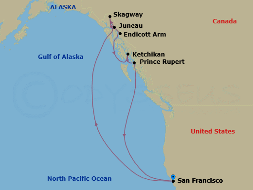 10 Night - Alaska Inside Passage & Glacier - Carnival Luminosa - Starting in San Francisco, Ca, Juneau, Ak, Skagway, Ak, Cruise Endicott Arm Fjord, Ketchikan (Ward Cove), Ak, Prince Rupert, Bc, Canada, San Francisco, Ca itinerary map