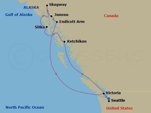 9 Night - Journeys-Inside Passage & Glacier - Carnival Miracle - Starting in Seattle, Wa, Ketchikan, AK, Sitka, Ak, Skagway, Ak, Juneau, Ak, Cruise Endicott Arm Fjord, Victoria CA, Canada, Seattle, Wa itinerary map