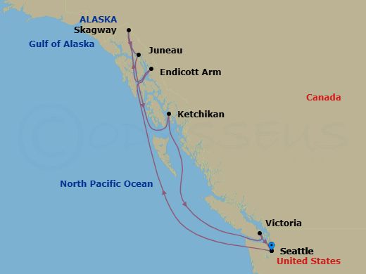 7 Night - Alaska Inside Passage & Glacier - Carnival Miracle - Starting in Seattle, Wa, Cruise Endicott Arm Fjord, Skagway, Ak, Juneau, Ak, Ketchikan, AK, Victoria CA, Canada, Seattle, Wa itinerary map