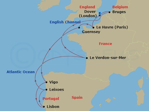 11 Night - Carnival Journeys-Eclipse - Carnival Legend - Starting in Dover UK (London), England, Le Havre (Paris), France, St Peter Port, Guernsey, Vigo, Spain, Lisbon, Portugal, Leixoes (Porto), Portugal, Le Verdon (Bordeaux), France, Zeebrugge (Brussels), Belgium, Dover UK (London), England itinerary map