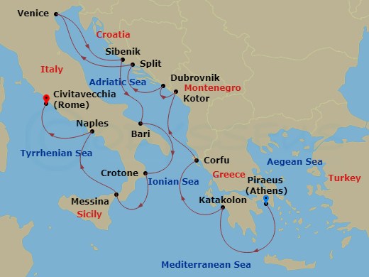 14 Night - Italy, the Adriatic & Greece - Viking Sea - Starting in Athens (Piraeus), Katakolon (Olympia), Corfu (Kerkyra), Kotor, Dubrovnik, Croatia, Split, Venice (Chioggia), Sibenik, Bari, Crotone, Sicily (Messina), Naples, Rome (Civitavecchia) itinerary map
