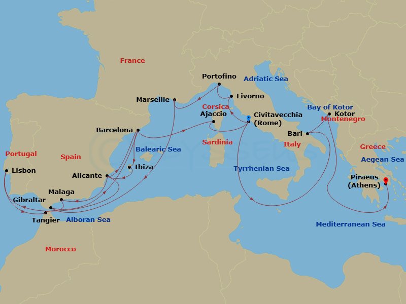 27 Night - Solar Eclipse Collectors' Voyage : Italy & Iberia - Oosterdam - Starting in Civitavecchia (Rome), Italy, Livorno (Florence / Pisa), Italy, Portofino, Italy, Marseille (Provence), France, Gibraltar, Barcelona, Spain, Ibiza, Spain, Alicante, Spain, Malaga, Spain, Tangier, Morocco, Lisbon, Portugal, Alicante, Spain, Barcelona, Spain, Ajaccio, Corsica, France, Civitavecchia (Rome), Italy, Bari (Puglia), Italy, Kotor, Montenegro, Scenic cruising Bay of Kotor, Piraeus (Athens), Greece itinerary map