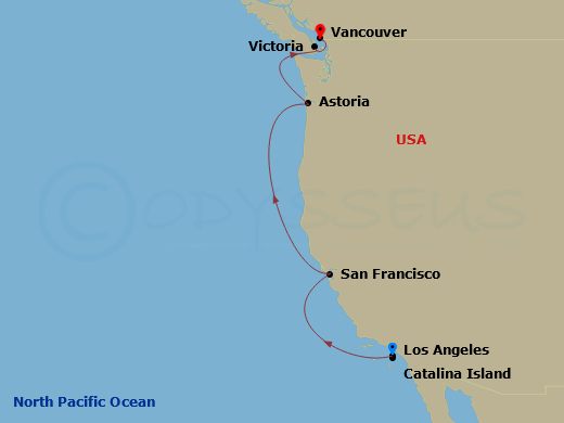 8 Night - La Lights & Vancouver Vistas - Brilliant Lady - Starting in Los Angeles, California, Catalina Island, California, San Francisco, California, Astoria, Oregon, Victoria CA, Canada, Vancouver, British Columbia, Canada itinerary map