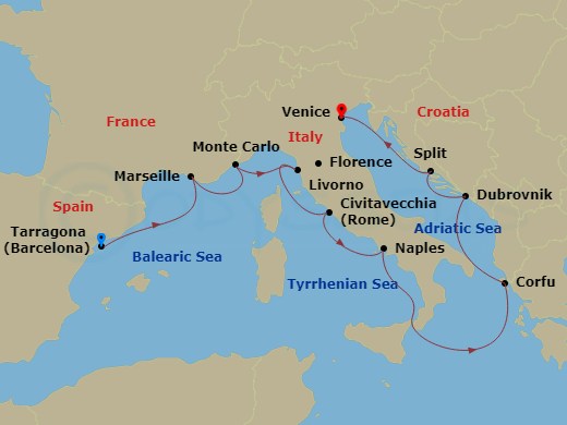 12 Night - Mediterranean Odyssey - Viking Star - Starting in Barcelona, Barcelona (Tarragona), Marseille, Monte Carlo, Florence / Pisa (Livorno), Rome (Civitavecchia), Naples, Sail the Ionian Sea, Corfu (Kerkyra), Dubrovnik, Croatia, Split, Venice (Chioggia) itinerary map