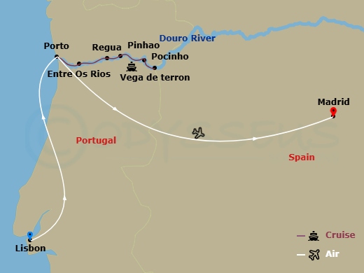 16 Night - Unforgettable Douro with Lisbon & Madrid - Scenic Aria - Starting in Lisbon, Lisbon / Porto, Porto / Entre-os-Rios, Entre-os-Rios / Regua, Regua, Regua / Vega de Terron, Vega de Terron / Pocinho, Pocinho / Pinhao, Pinhao, Pinhao / Porto, Porto, Porto / Madrid, Madrid itinerary map