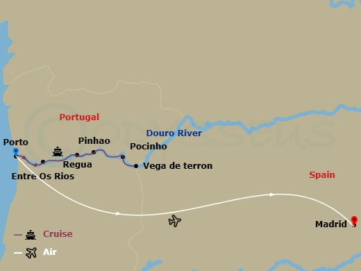 13 Night - Unforgettable Douro with Madrid - Scenic Aria - Starting in Porto, Porto / Entre-os-Rios, Entre-os-Rios / Regua, Regua, Regua / Vega de Terron, Vega de Terron / Pocinho, Pocinho / Pinhao, Pinhao, Pinhao / Porto, Porto, Porto / Madrid, Madrid itinerary map