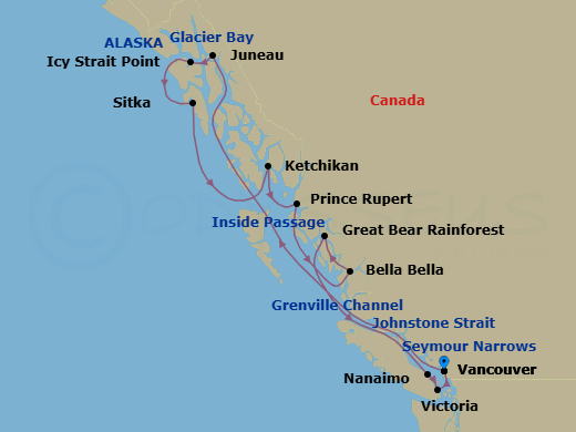 11 Night - Great Bear Rainforest and Alaska Explorer - Nieuw Amsterdam - Starting in Vancouver, BC, CA, Scenic Cruising the Inside Passage, Juneau, Alaska, Glacier Bay, Icy Strait Point, Alaska, Sitka, Alaska, Ketchikan, Alaska, Prince Rupert, British Columbia, Canada, Scenic cruising Grenville Channel, Scenic cruising Bella Bella, Scenic cruising Great Bear Rainforest, Scenic cruising Johnstone Strait, Transit the Seymour Narrows, Nanaimo, Vancouver Island, Canada, Victoria CA, Canada, Vancouver, BC, CA itinerary map