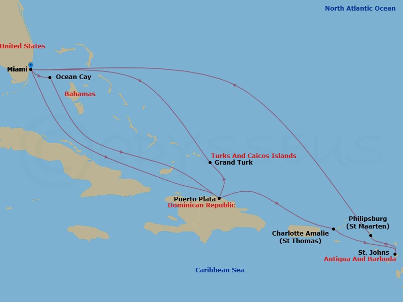 15 Night - Caribbean and Antilles - MSC Seashore - Starting in Miami, Florida, Puerto Plata, Dominican Republic, Charlotte Amalie (St Thomas) Virgin Islands, St Johns AG, Antigua, Philipsburg, Saint Martin, Miami, Florida, Ocean Cay Msc Marine Reserve, Bahamas, Puerto Plata, Dominican Republic, Grand Turk Island, Turks and Caicos, Miami, Florida itinerary map