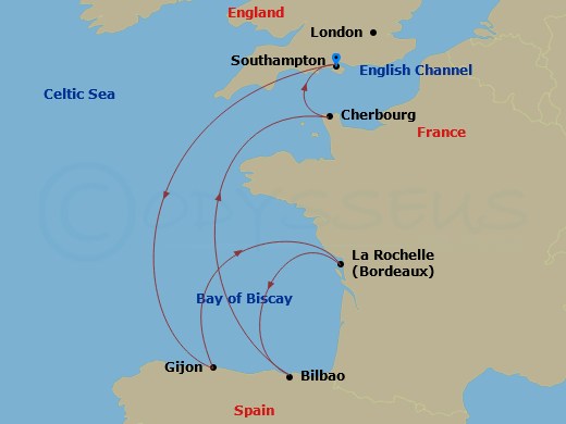 7 Night - Northern Europe - MSC Meraviglia - Starting in Southampton (London), United Kingdom, Gijon, Spain, La Rochelle, France, Bilbao, Spain, Cherbourg (Mont Saint-Michel), France, Southampton (London), United Kingdom itinerary map