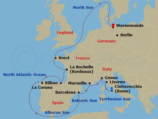 13 Night - Northern Europe - MSC Magnifica - Starting in Civitavecchia (Rome), Italy, Livorno (Florence), Italy, Genoa (Portofino), Italy, Marseille (Provence), France, Barcelona, Spain, La Coruna (Santiago De Compostela), Spain, Bilbao, Spain, La Rochelle, France, Brest, France, Warnemunde (Berlin), Germany itinerary map