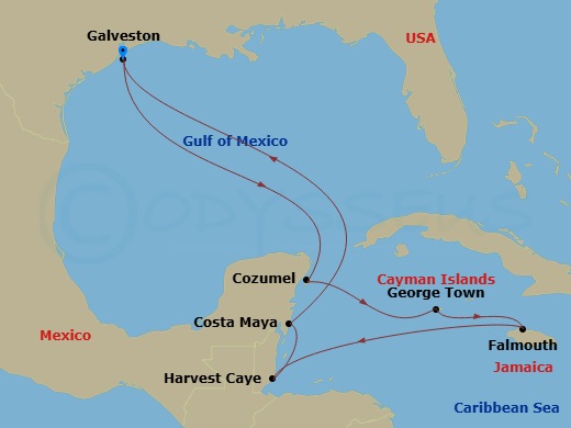 11 Night - Historic Galveston Pre Cruisetour - Norwegian Escape Tours - Starting in At Hotel, Galveston, Texas, Cozumel, Mexico, George Town, Cayman Islands, Falmouth, Jamaica, Harvest Caye, Belize, Costa Maya, Mexico, Galveston, Texas itinerary map