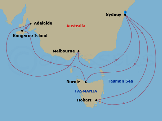 15 Night - Australia Product - Norwegian Spirit - Starting in Sydney AU, Burnie, Tasmania, Australia, Kangaroo Island, Australia, Adelaide, Australia, Melbourne, Australia, Sydney AU, Hobart, Australia, Sydney AU itinerary map
