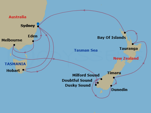 18 Night - Australia Product - Norwegian Spirit - Starting in Sydney AU, Eden, Australia, Melbourne, Australia, Cruise Doubtful Sound, New Zealand, Cruise Dusky Sound, New Zealand, Milford Sound, New Zealand, Dunedin, New Zealand, Timaru, New Zealand, Tauranga, New Zealand, Bay of Islands, New Zealand, Sydney AU, Hobart, Australia, Sydney AU itinerary map