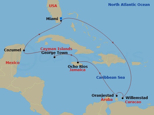 10 Night - Caribbean and Antilles - MSC Poesia - Starting in Miami, Florida, Willemstad AN, Oranjestad, Aruba, Ocho Rios, Jamaica, George Town, Cayman Islands, Cozumel, Mexico, Miami, Florida itinerary map