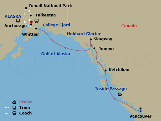 10 Night - Classic Denali D9c - Tour D9c - Nieuw Amsterdam Tours - Starting in Vancouver, BC, CA, Scenic Cruising the Inside Passage, Ketchikan, Alaska, Juneau, Alaska, Skagway, Alaska, Cruising Hubbard Glacier, College Fjord, Whittier, Alaska, Denali National Park, Talkeetna, Anchorage, Alaska itinerary map