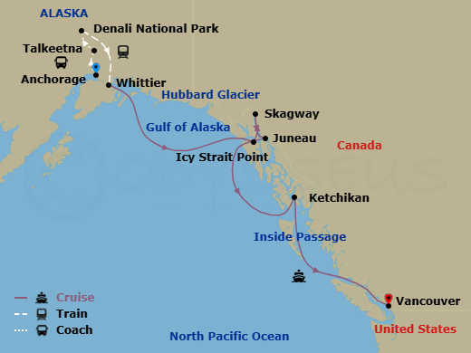 10 Night - Classic Denali D9l - Tour D9l - Westerdam Tours - Starting in Anchorage, Alaska, Talkeetna, Denali National Park, Whittier, Alaska, Cruising Hubbard Glacier, Icy Strait Point, Alaska, Skagway, Alaska, Juneau, Alaska, Ketchikan, Alaska, Scenic Cruising the Inside Passage, Vancouver, BC, CA itinerary map