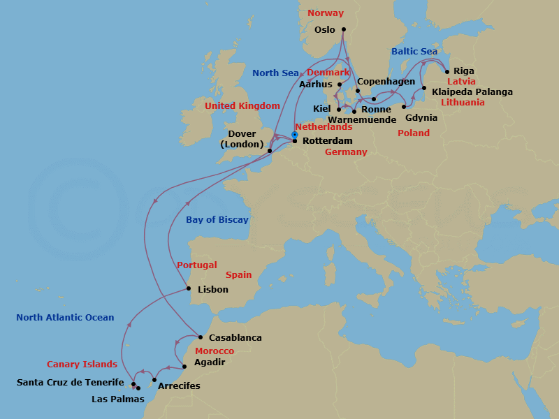28 Night - Oktoberfest & Canary Islands - Nieuw Statendam - Starting in Rotterdam, the Netherlands, Oslo, Norway, Aarhus, Denmark, Kiel (Hamburg), Germany, Warnemunde (Berlin), Germany, Ronne (Bornholm), Denmark, Gdynia (Gdansk), Poland, Klaipeda, Lithuania, Riga, Latvia, Copenhagen, Denmark, Dover UK (London), England, Rotterdam, the Netherlands, Casablanca, Morocco, Agadir, Morocco, Arrecife, Lanzarote, Canary Islands, Spain, Santa Cruz de Tenerife, Las Palmas, Gran Canaria, Canary Islands, Spain, Lisbon, Portugal, Dover UK (London), England, Rotterdam, the Netherlands itinerary map