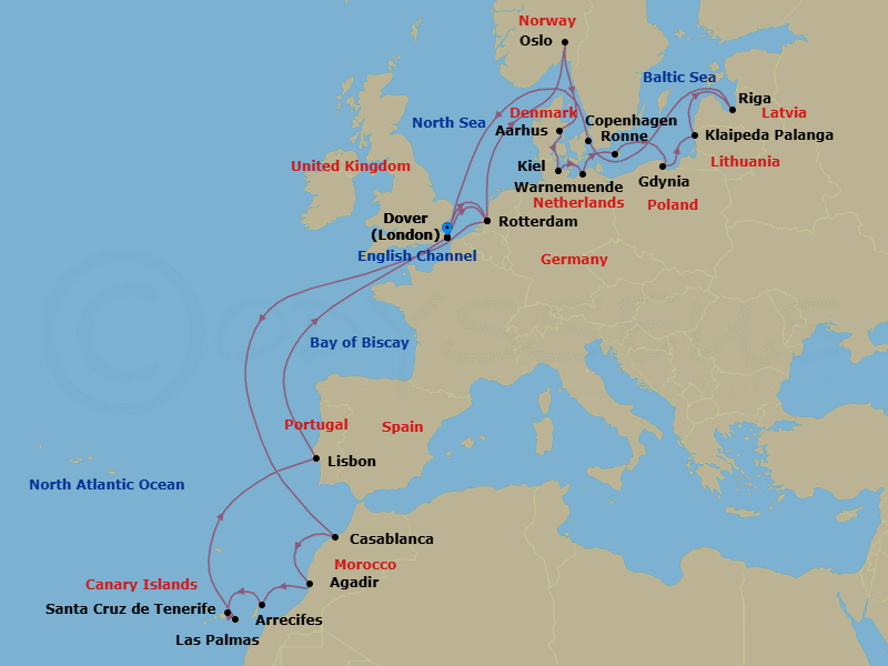 28 Night - Oktoberfest & Canary Islands - Nieuw Statendam - Starting in Dover UK (London), England, Rotterdam, the Netherlands, Oslo, Norway, Aarhus, Denmark, Kiel (Hamburg), Germany, Warnemunde (Berlin), Germany, Ronne (Bornholm), Denmark, Gdynia (Gdansk), Poland, Klaipeda, Lithuania, Riga, Latvia, Copenhagen, Denmark, Dover UK (London), England, Rotterdam, the Netherlands, Casablanca, Morocco, Agadir, Morocco, Arrecife, Lanzarote, Canary Islands, Spain, Santa Cruz de Tenerife, Las Palmas, Gran Canaria, Canary Islands, Spain, Lisbon, Portugal, Dover UK (London), England itinerary map