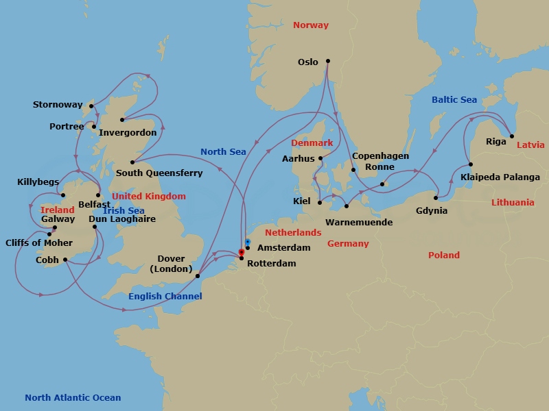 28 Night - British Isles & Oktoberfest - Nieuw Statendam - Starting in Amsterdam, the Netherlands, South Queensferry (Edinburgh), Scotland, United Kingdom, Invergordon (Inverness), Scotland, United Kingdom, Stornoway, Isle of Lewis, Scotland, United Kingdom, Portree (Isle of Skye), Scotland, United Kingdom, Belfast, Northern Ireland, United Kingdom, Killybegs, Donegal, Ireland, Galway, Ireland, Scenic cruising Cliffs of Moher, Dun Laoghaire (Dublin), Ireland, Cobh (Cork), Ireland, Dover UK (London), England, Rotterdam, the Netherlands, Oslo, Norway, Aarhus, Denmark, Kiel (Hamburg), Germany, Warnemunde (Berlin), Germany, Ronne (Bornholm), Denmark, Gdynia (Gdansk), Poland, Klaipeda, Lithuania, Riga, Latvia, Copenhagen, Denmark, Dover UK (London), England, Rotterdam, the Netherlands itinerary map