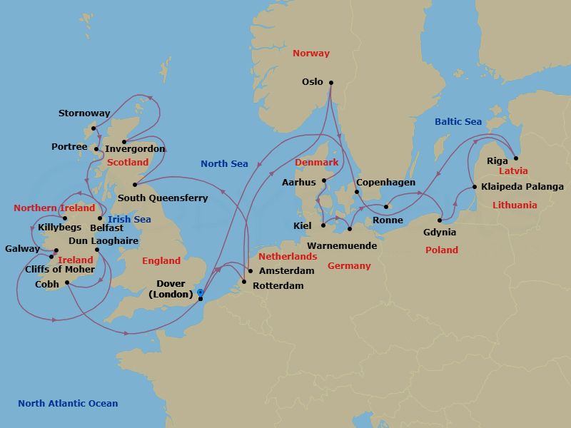 28 Night - British Isles & Oktoberfest - Nieuw Statendam - Starting in Dover UK (London), England, Amsterdam, the Netherlands, South Queensferry (Edinburgh), Scotland, United Kingdom, Invergordon (Inverness), Scotland, United Kingdom, Stornoway, Isle of Lewis, Scotland, United Kingdom, Portree (Isle of Skye), Scotland, United Kingdom, Belfast, Northern Ireland, United Kingdom, Killybegs, Donegal, Ireland, Galway, Ireland, Scenic cruising Cliffs of Moher, Dun Laoghaire (Dublin), Ireland, Cobh (Cork), Ireland, Dover UK (London), England, Rotterdam, the Netherlands, Oslo, Norway, Aarhus, Denmark, Kiel (Hamburg), Germany, Warnemunde (Berlin), Germany, Ronne (Bornholm), Denmark, Gdynia (Gdansk), Poland, Klaipeda, Lithuania, Riga, Latvia, Copenhagen, Denmark, Dover UK (London), England itinerary map