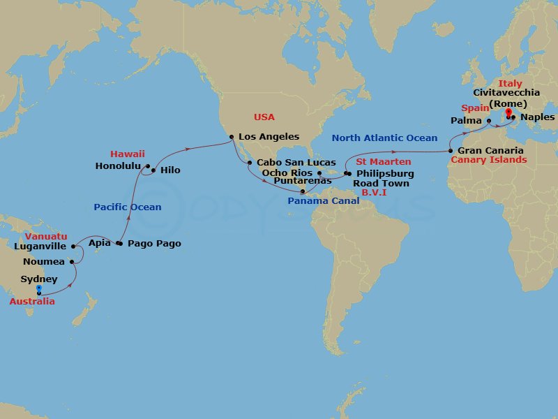 50 Night - Msc World Cruise - MSC Magnifica - Starting in Sydney AU, Australia, Noumea, New Caledonia, Luganville, Vanuatu, Apia, Western Samoa, Pago Pago, American Samoa, Honolulu, Hawaii, Hilo, Hawaii, Los Angeles, Cabo San Lucas, Mexico, Puntarenas (San Jose), Costa Rica, Cruising Panama Canal, Ocho Rios, Jamaica, Road Town (Tortola), British Virgin Islands, Philipsburg, St Maarten, Las Palmas de Gran Canaria (Canary Islands), Spain, Palma De Mallorca (Balearic Islands), Spain, Naples (Pompeii), Italy, Civitavecchia (Rome), Italy itinerary map