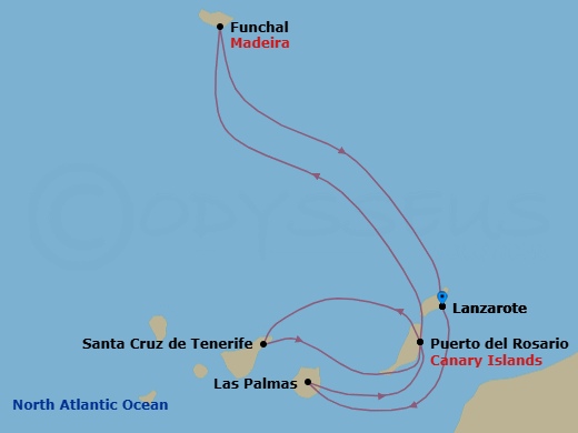 7 Night - Canary Islands and Madeira - MSC Fantasia - Starting in Arrecife De Lanzarote (Canary Islands), Spain, Las Palmas de Gran Canaria (Canary Islands), Spain, Puerto Del Rosario / Fuerteventura, Spain, Santa Cruz de Tenerife, Puerto Del Rosario / Fuerteventura, Spain, Funchal (Madeira Islands), Portugal, Arrecife De Lanzarote (Canary Islands), Spain itinerary map