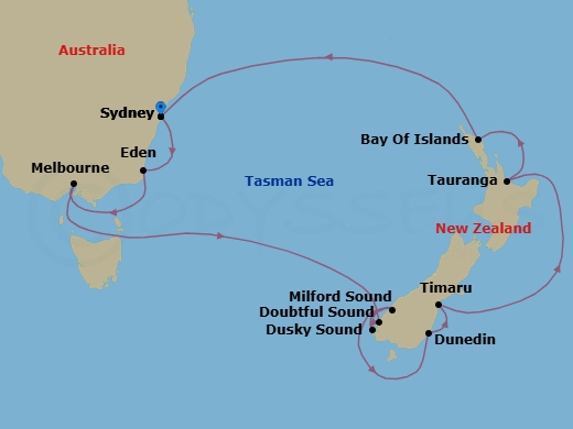 14 Night - Australia Product - Norwegian Spirit - Starting in Sydney AU, Eden, Australia, Melbourne, Australia, Cruise Doubtful Sound, New Zealand, Cruise Dusky Sound, New Zealand, Milford Sound, New Zealand, Dunedin, New Zealand, Timaru, New Zealand, Tauranga, New Zealand, Bay of Islands, New Zealand, Sydney AU itinerary map