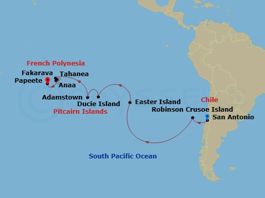 19 Night - Easter & Pitcairn Islands : Marooned, Moai & Mutineers - Seabourn Pursuit - Starting in San Antonio CL (Santiago), Chile, Juan Fernandez, Easter Island, Chile, Ducie Island, Pitcairn, Adamstown, Pitcairn Island, Pitcairn, Fakarava, Tuamotu, French Polynesia, Tahanea, French Polynesia, Anaa, French Polynesia, Papeete, French Polynesia itinerary map