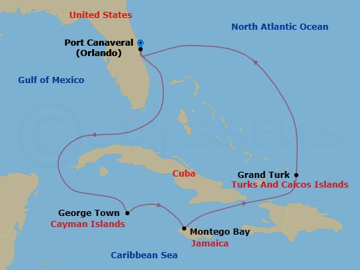 8 Night - Western Caribbean - Carnival Firenze - Starting in Port Canaveral (Orlando), Fl, Grand Cayman, Cayman Islands, Montego Bay, Jamaica, Grand Turk, Port Canaveral (Orlando), Fl itinerary map