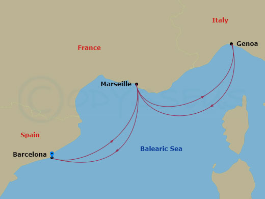 4 Night - Southern Europe Roundtrip from Barcelona - Costa Smeralda - Starting in Barcelona, Marseille, Genoa (Portofino), Marseille, Barcelona itinerary map