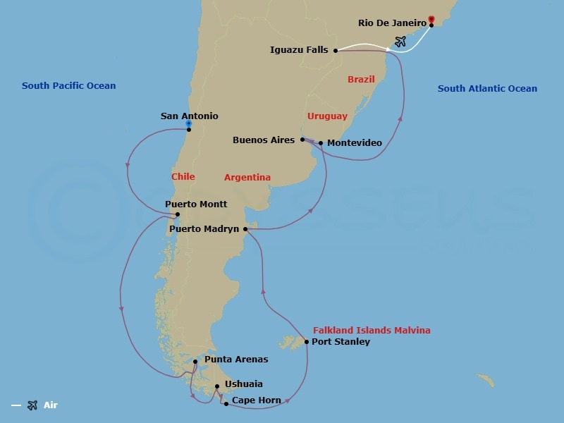 20 Night - Iguazu Falls Adventure - Tour 1D - Majestic Princess Tours - Starting in San Antonio CL (for Santiago), Chile, Puerto Montt, Chile, Punta Arenas, Chile, Beagle Channel Fjords and Glacier Alley, Chile, Ushuaia (Tierra del Fuego), Argentina, Cape Horn (Scenic Cruising), Port Stanley, Falkland Islands, Puerto Madryn, Argentina, Montevideo, Uruguay, Buenos Aires, Argentina, Iguazu Falls, Brazil, Rio De Janeiro, Brazil itinerary map