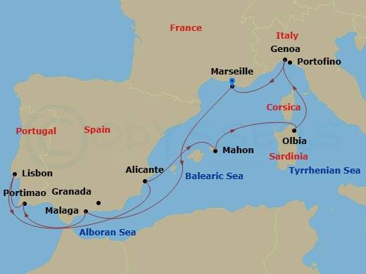 10 Night - Mediterranean - MSC Sinfonia - Starting in Marseille (Provence), France, Malaga (Granada), Spain, Portimao, Portugal, Lisbon (Cascais), Portugal, Alicante, Spain, Mahon, Menorca, Spain, Olbia, Italy, Genoa (Portofino), Italy, Marseille (Provence), France itinerary map