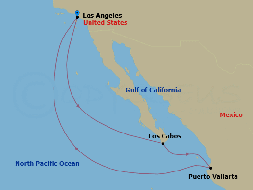7 Night - Mexican Riviera & Cabo Overnight - Brilliant Lady - Starting in Los Angeles, California, Cabo San Lucas, Mexico, Puerto Vallarta, Mexico, Los Angeles, California itinerary map