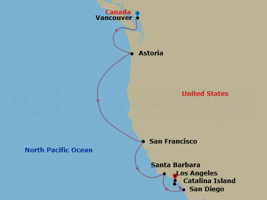 8 Night - Pacific Coastal : Vancouver to La - Brilliant Lady - Starting in Vancouver, British Columbia, Canada, Astoria, Oregon, San Francisco, California, Santa Barbara, California, San Diego, California, Catalina Island, California, Los Angeles, California itinerary map