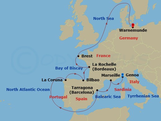 11 Night - Northern Europe - MSC Magnifica - Starting in Genoa (Portofino), Italy, Marseille (Provence), France, Tarragona, Spain, La Coruna (Santiago De Compostela), Spain, Bilbao, Spain, La Rochelle, France, Brest, France, Warnemunde (Berlin), Germany itinerary map