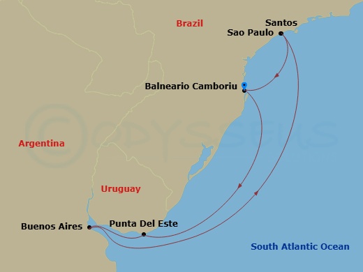 7 Night - South America - MSC Divina - Starting in Balneario Camboriu, Brazil, Punta Del Este, Uruguay, Buenos Aires, Argentina, Santos (Sao Paulo), Brazil, Balneario Camboriu, Brazil itinerary map