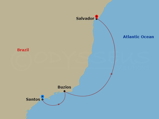 3 Night - South America - MSC Virtuosa - Starting in Santos (Sao Paulo), Brazil, Buzios, Brazil, Salvador, Brazil itinerary map