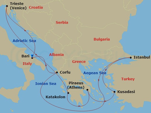 9 Night - Mediterranean - MSC Splendida - Starting in Bari, Italy, Trieste (Venice), Italy, Katakolon (Olympia), Greece, Piraeus (Athens), Greece, Kusadasi, Turkey, Istanbul, Turkey, Corfu, Greece, Bari, Italy itinerary map