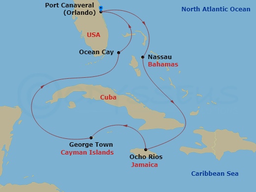 7 Night - Caribbean and Antilles - MSC Seashore - Starting in Port Canaveral (Orlando), Florida, Nassau, Bahamas, Ocho Rios, Jamaica, George Town, Cayman Islands, Ocean Cay Msc Marine Reserve, Bahamas, Port Canaveral (Orlando), Florida itinerary map