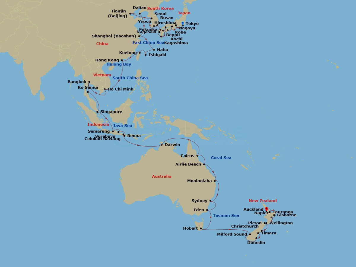 78 Night - Japan to New Zealand Grand Voyage - Azamara Pursuit - Starting in Tokyo, Nagoya, Kobe, Kochi, Hiroshima, Beppu, Kagoshima, Nagasaki, Fukuoka, Busan, Yeosu, Seoul (Incheon), Beijing (Tianjin), Dalian, Shanghai, Naha, Okinawa, Ishigaki, Taipei (Keelung), Hong Kong, Ha Long Bay, Hue (Da Nang), Ho Chi Minh City, Bangkok (Laem Chabang), Ko Samui, Singapore, Semarang, Surabaya, Celukan, Bawang, Bali, Benoa, Bali, Darwin, Cairns, Airlie Beach, Queensland, Mooloolaba, Queensland, Sydney AU (White Bay), Australia, Eden, Hobart, Tasmania, Milford Sound, Dunedin, Timaru, Christchurch, Picton, Wellington, Napier, Gisborne, Tauranga, Auckland itinerary map
