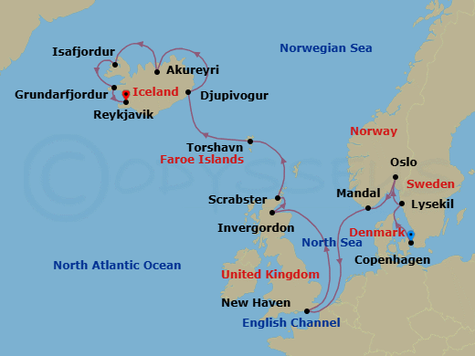 14 Night - Eclipse in Iceland - Oceania Marina - Starting in Copenhagen, Lysekil, Oslo, Mandal, Edinburgh (Newhaven), Invergordon, United Kingdom, Scrabster, Torshavn, Faroe Islands, Djupivogur, Akureyri, Isafjordur, Grundarfjordur, Reykjavik itinerary map
