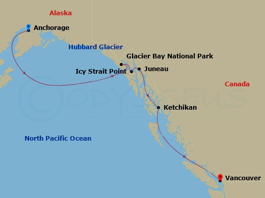 7 Night - Voyage of the Glaciers with Glacier Bay (Southbound) - Discovery Princess - Starting in Anchorage (Whittier), Alaska, Hubbard Glacier (Scenic Cruising), Alaska, Glacier Bay National Park (Scenic Cruising), Alaska, Icy Strait Point, Alaska, Juneau, Alaska, Ketchikan, Alaska, Vancouver, Canada itinerary map