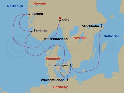 8 Night - Northern Europe - MSC Magnifica - Starting in Stockholm, Sweden, Copenhagen, Denmark, Warnemunde (Berlin), Germany, Sandnes, Norway, Bergen, Norway, Kristiansand, Norway, Oslo, Norway itinerary map