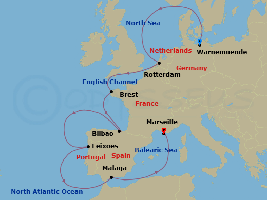 11 Night - Northern Europe - MSC Magnifica - Starting in Warnemunde (Berlin), Germany, Rotterdam (Amsterdam), Netherlands, Brest, France, Bilbao, Spain, Leixoes (Porto), Portugal, Malaga (Granada), Spain, Marseille (Provence), France itinerary map